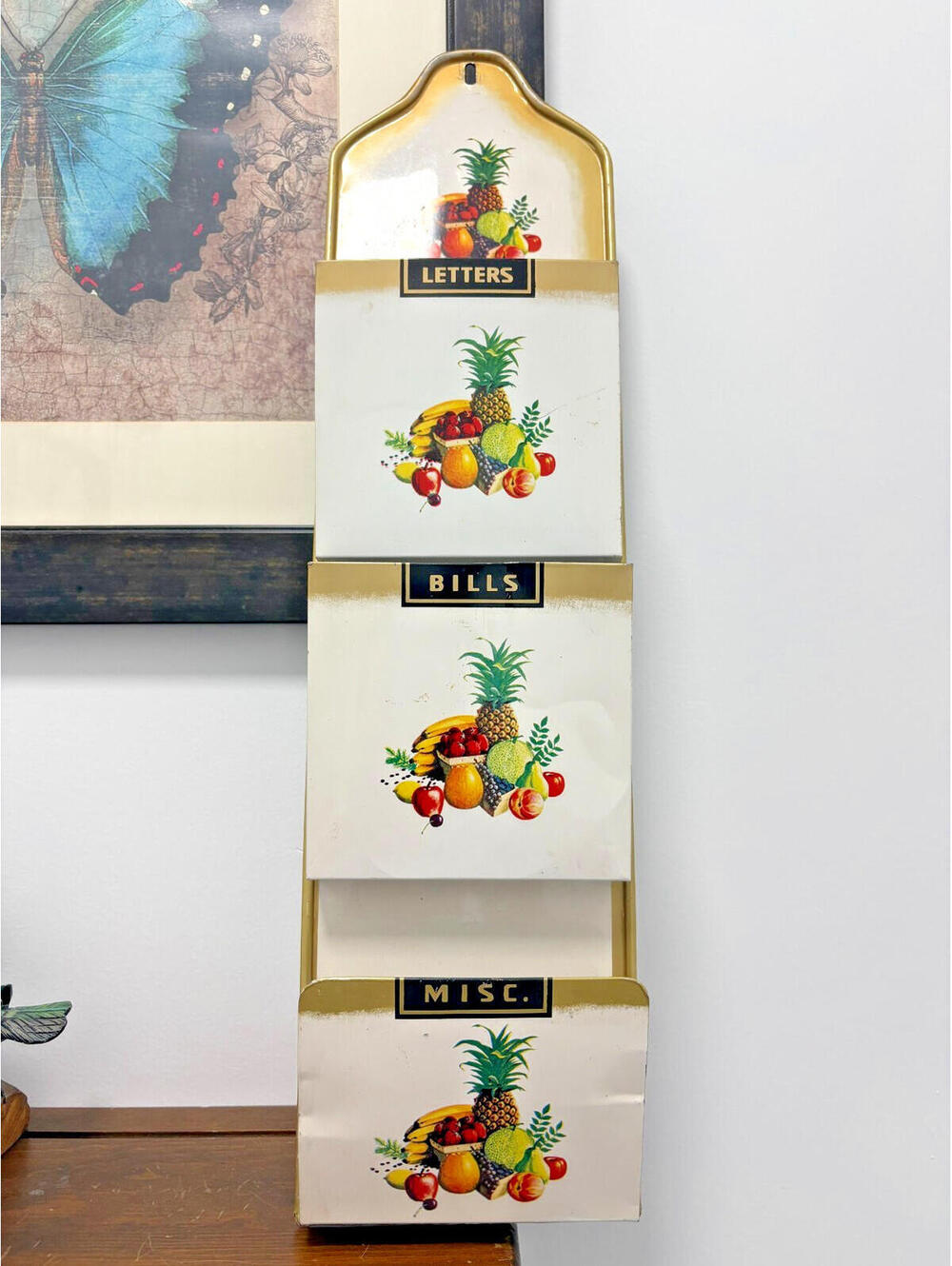 Vintage Mid Century Metal 3 Slot Wall Mail Bill Organizer Fruit 60's MCM Cottage